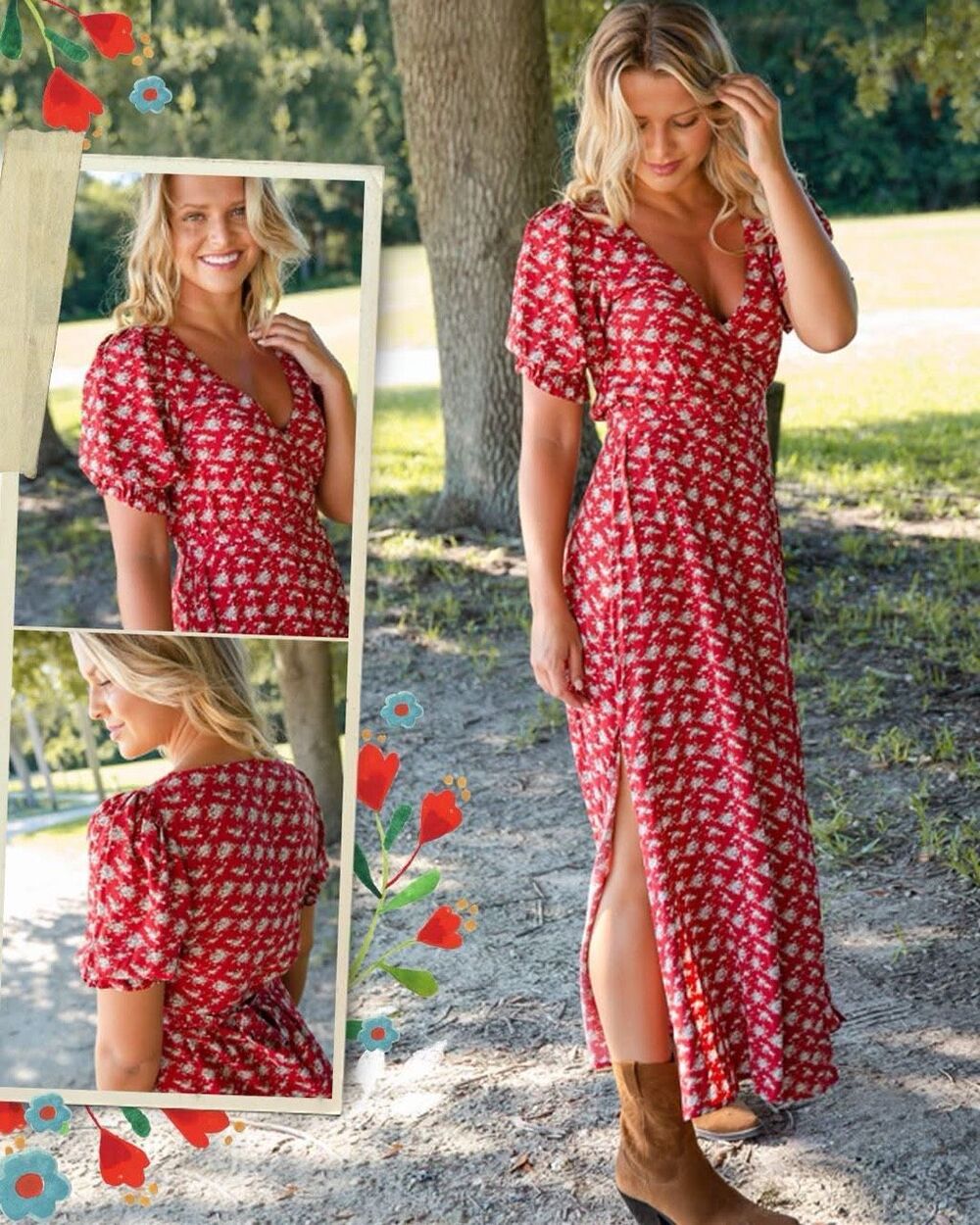 Natural Life Sophia Ditsy Floral Boho Wrap Maxi Dress in Red Size L - Picture 12 of 12